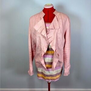 Kenar 100%Linen Ruffle Lapel Band Collar Button Cuffs Lined Pink Blazer Size 12